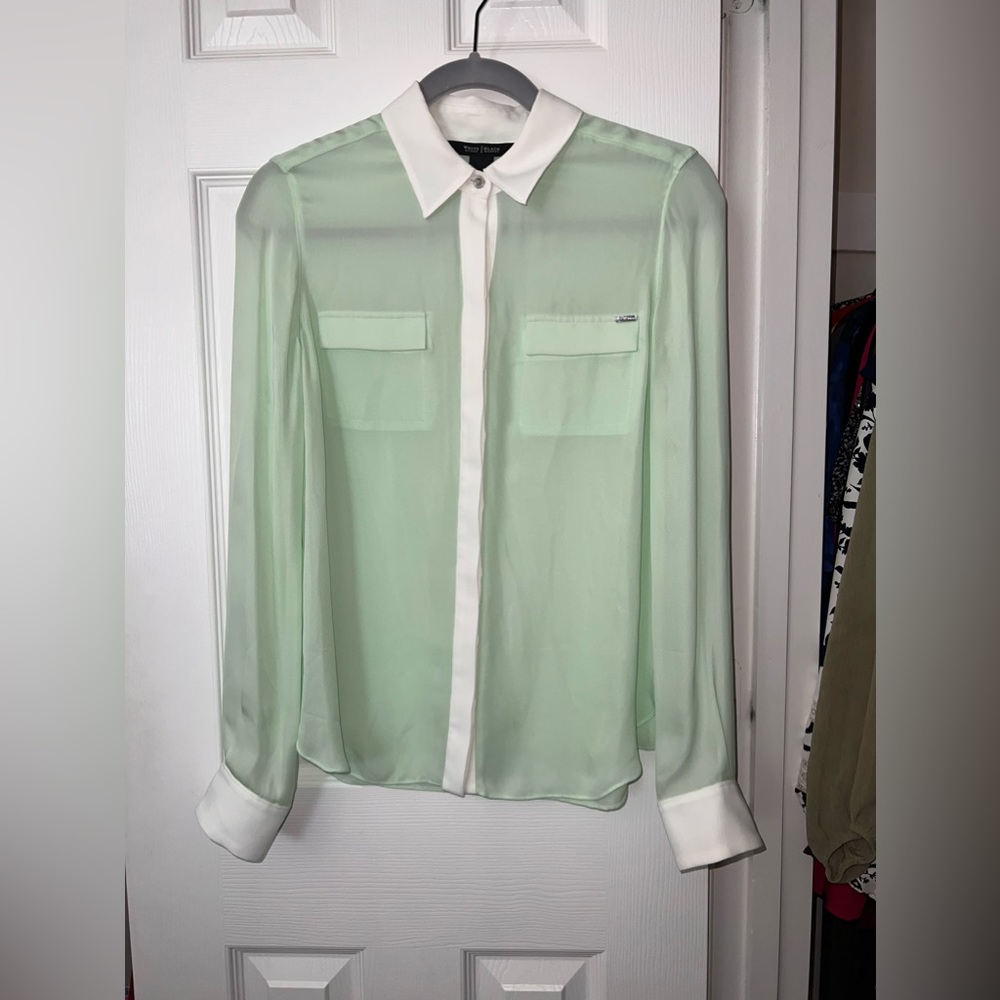 White House Black Market Green Silk Button Up Top, Size 2